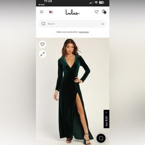 Brand new tags on, lulus floor length dress. Rich forest green velvet.